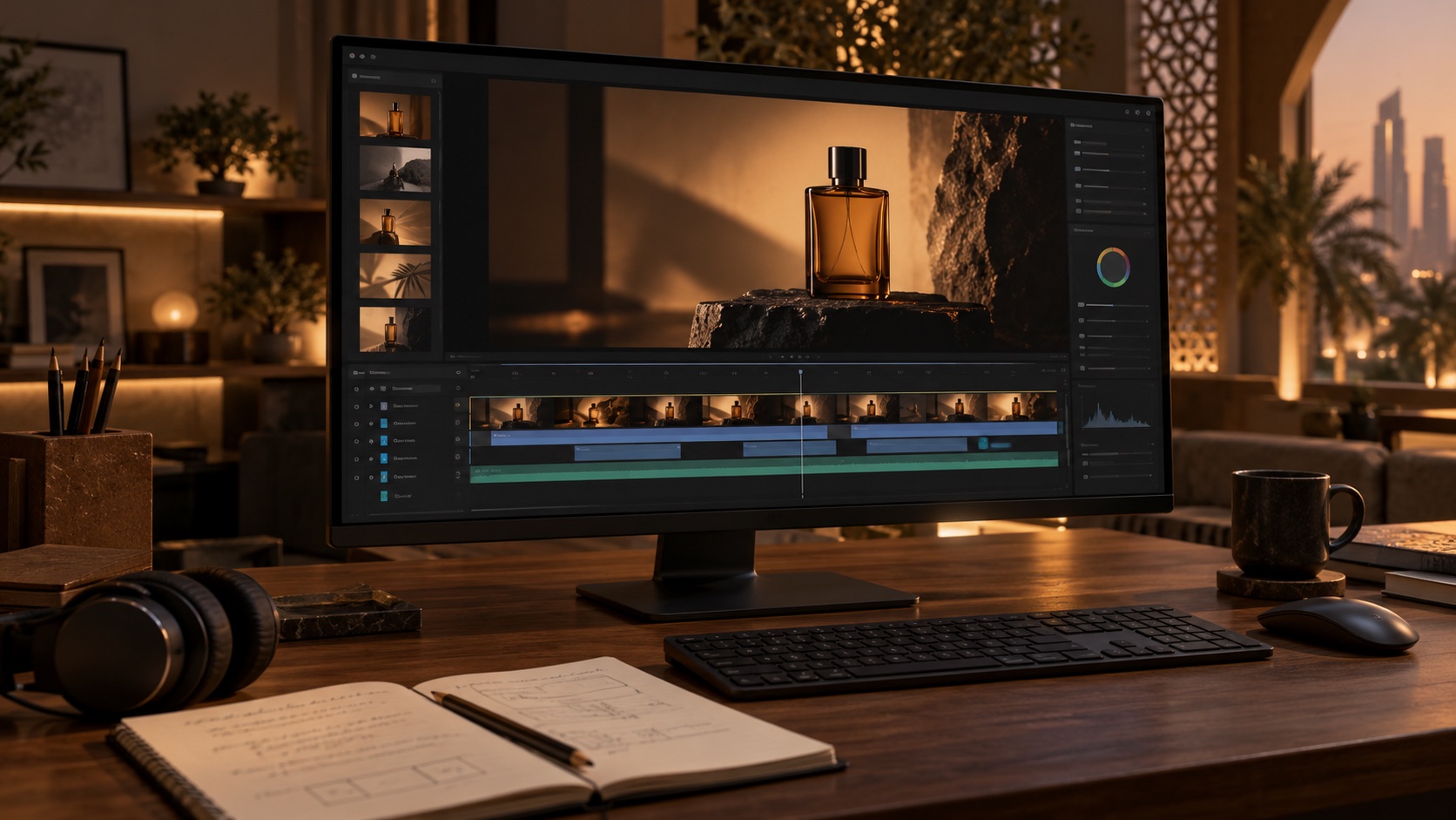 AI-generated illustration: an editing monitor beside a feedback notebook