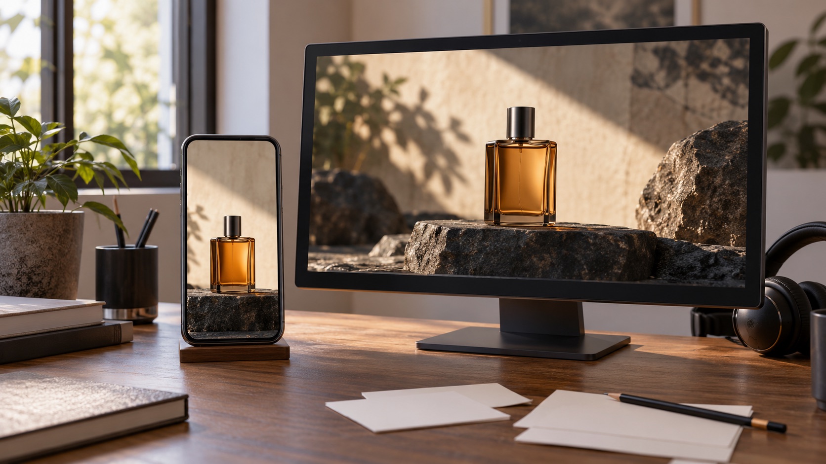 AI-generated illustration: a perfume ad displayed on a monitor and phone