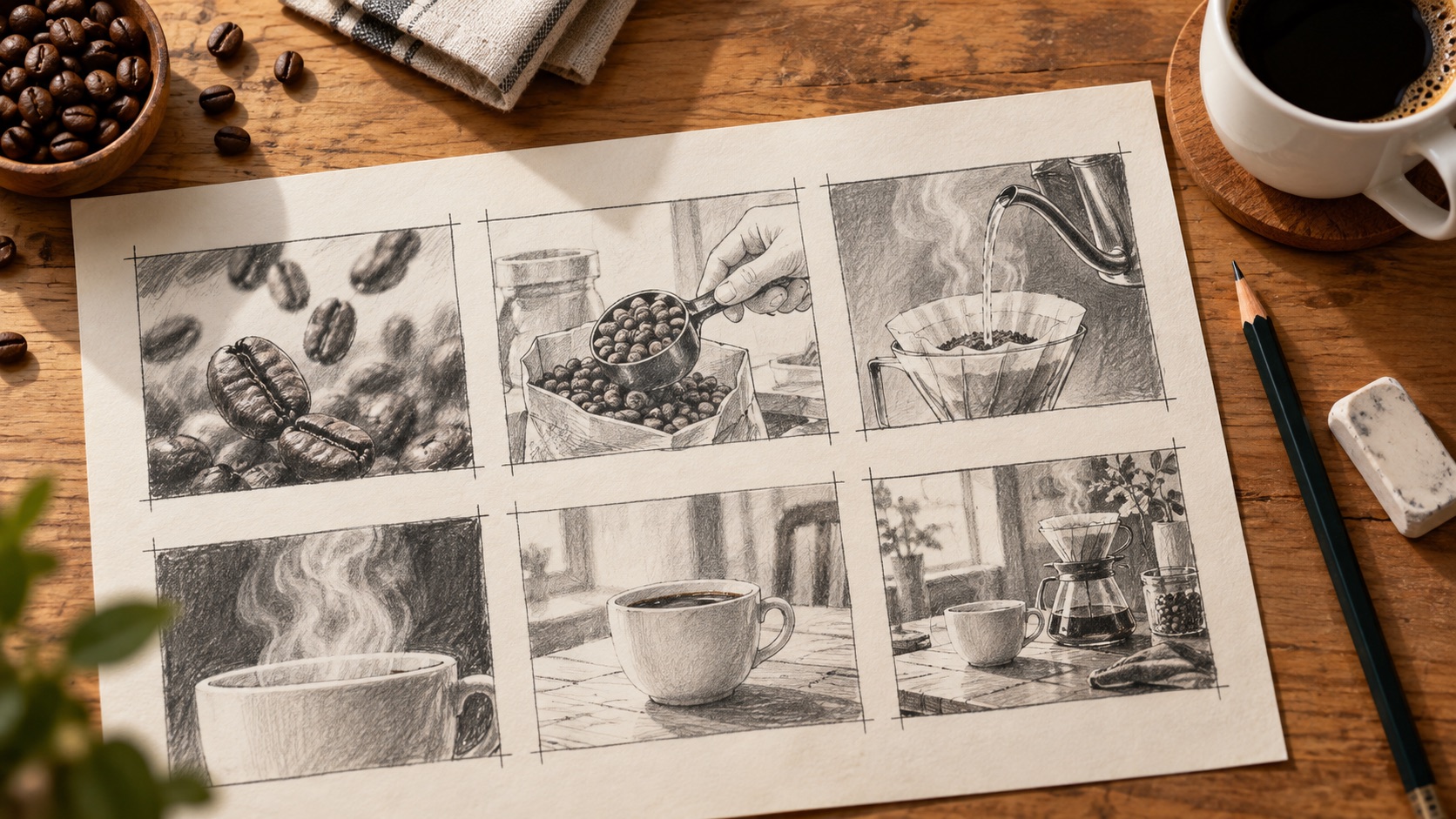 AI-generated illustration: pencil storyboard panels for a coffee commercial
