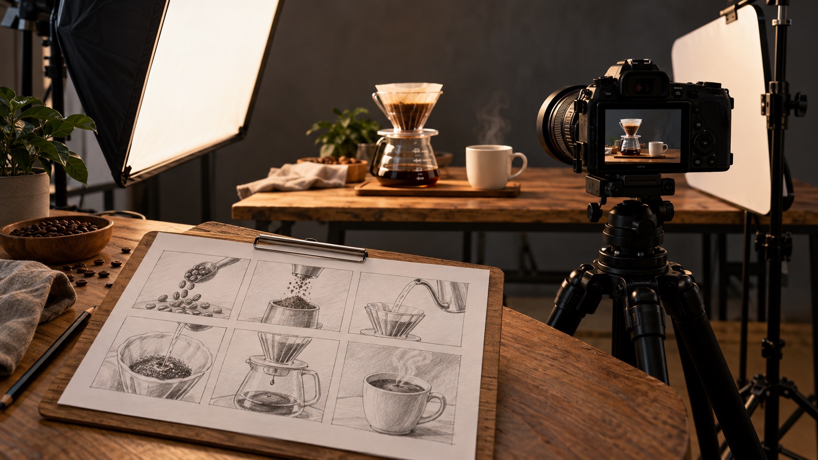 AI-generated illustration: a camera and lighting face a tabletop coffee setup