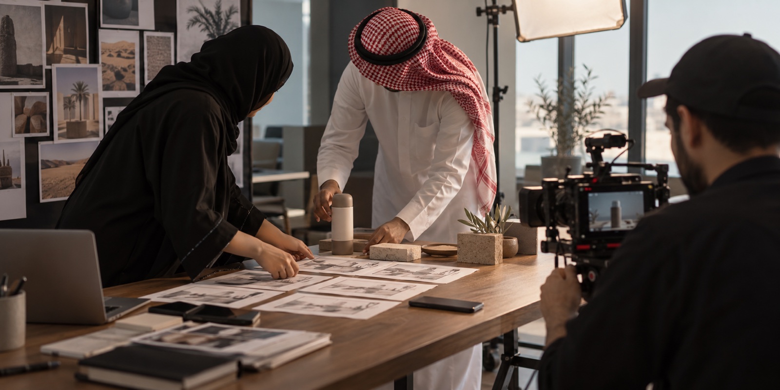 مشهد توضيحي لفريق إنتاج يرتب لوحة لقطات وتصوير منتج قبل تنفيذ إعلان